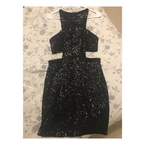 Black sequin mini dress.